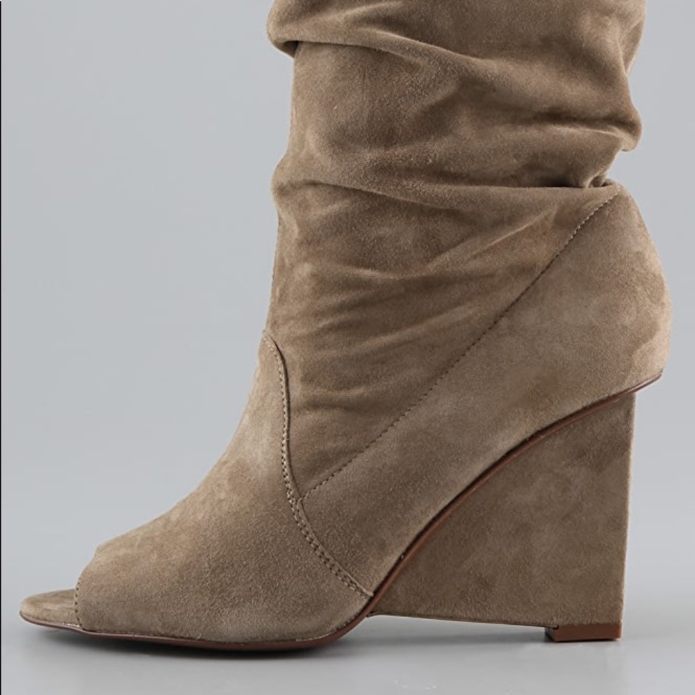 DVF slouchy peep toe suede booties!
